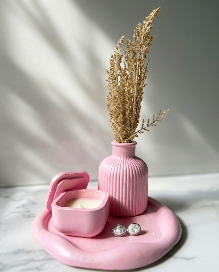 Pink RocioTreasure plaster decor set with ribbed vase, candle, and tray.