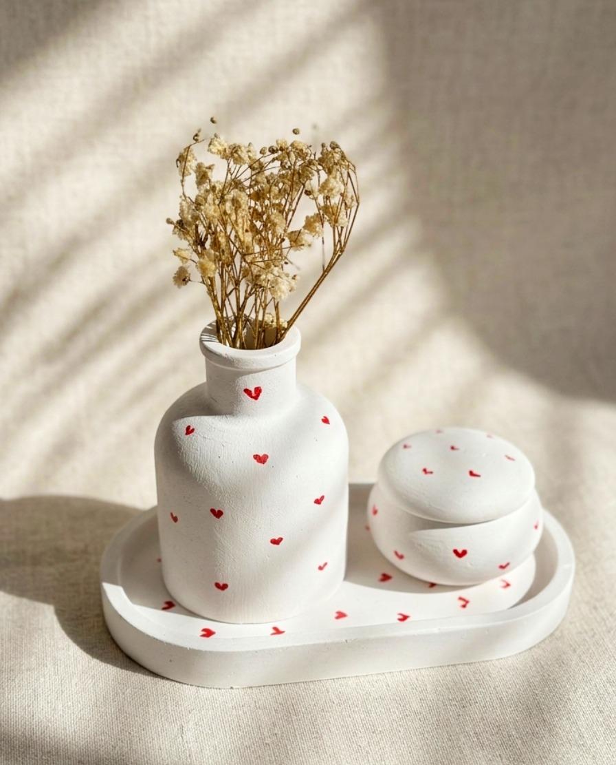 White RocioTreasure coquette decor set with hand-painted red hearts, vase, and lidded dish.